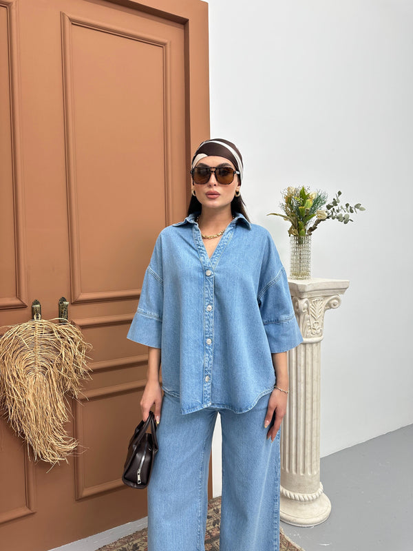 Yarım Kol Arka Köprü Detayı Light Blue Denim Gömlek
