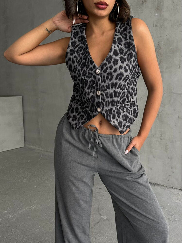 Kaşe Toptan Yelek - Gri Leopar