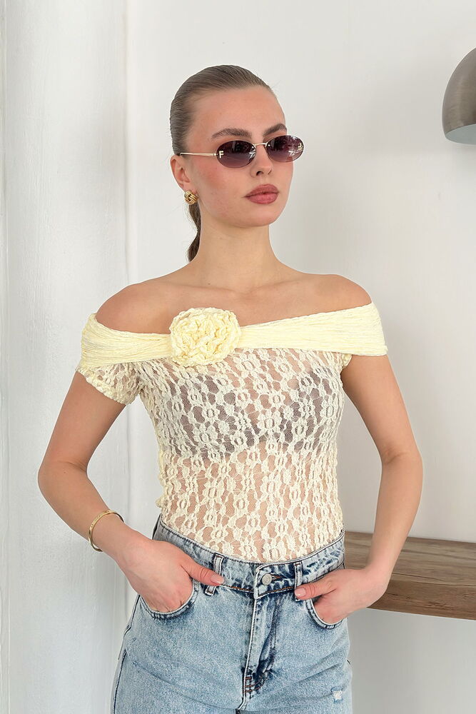 Gül Detaylı Dantel Bluz - Sarı - D2749 | Topshow