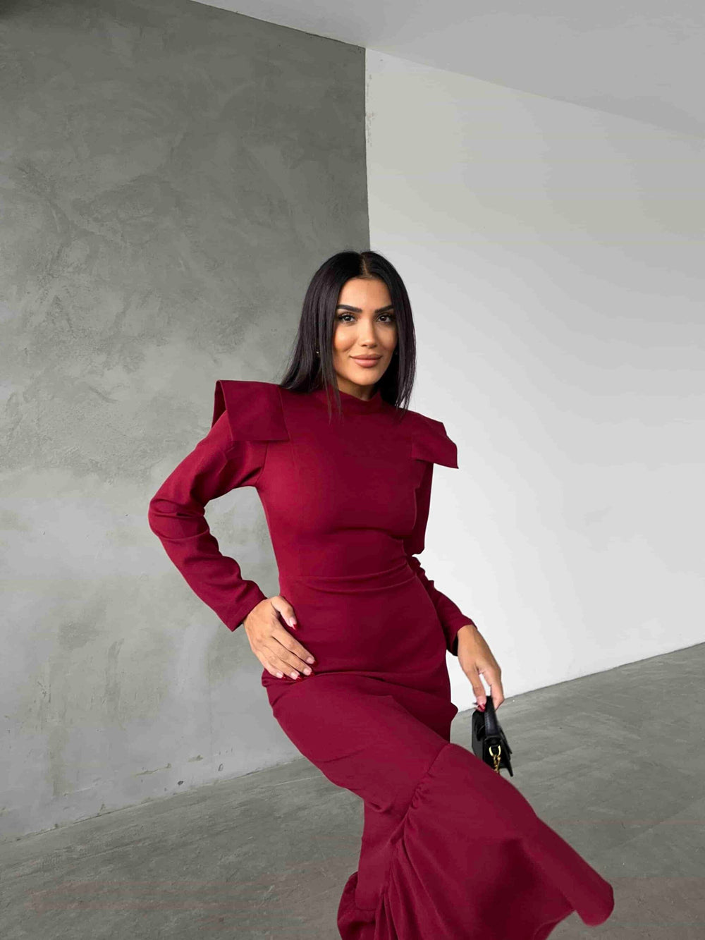 Omuz Detay Elbise - Bordo