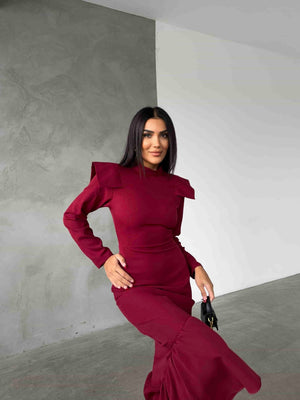 Omuz Detay Elbise - Bordo