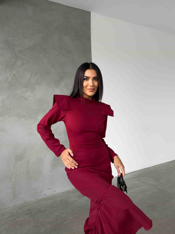 Omuz Detay Elbise - Bordo