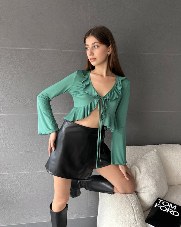 Fırfır Detaylı Önü Bağlamalı Crop Bluz