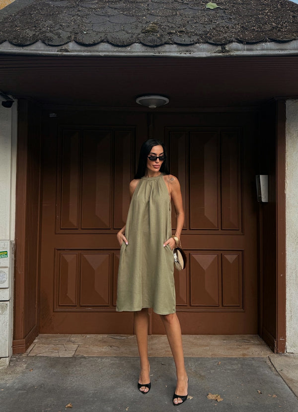 Halter Yaka Dokuma Midi Elbise