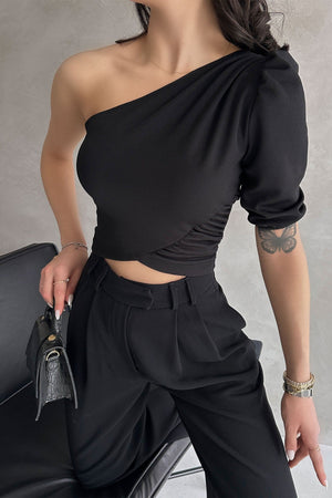 Tek Omuz Prenses Kol Crep Bluz