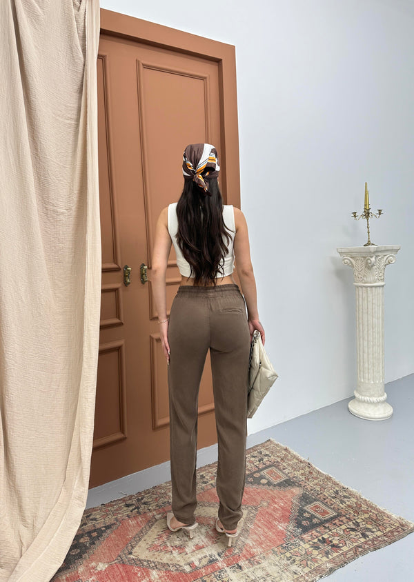 Kadın Bel Lastikli Dar Paça Kahve Jogger Pantolon