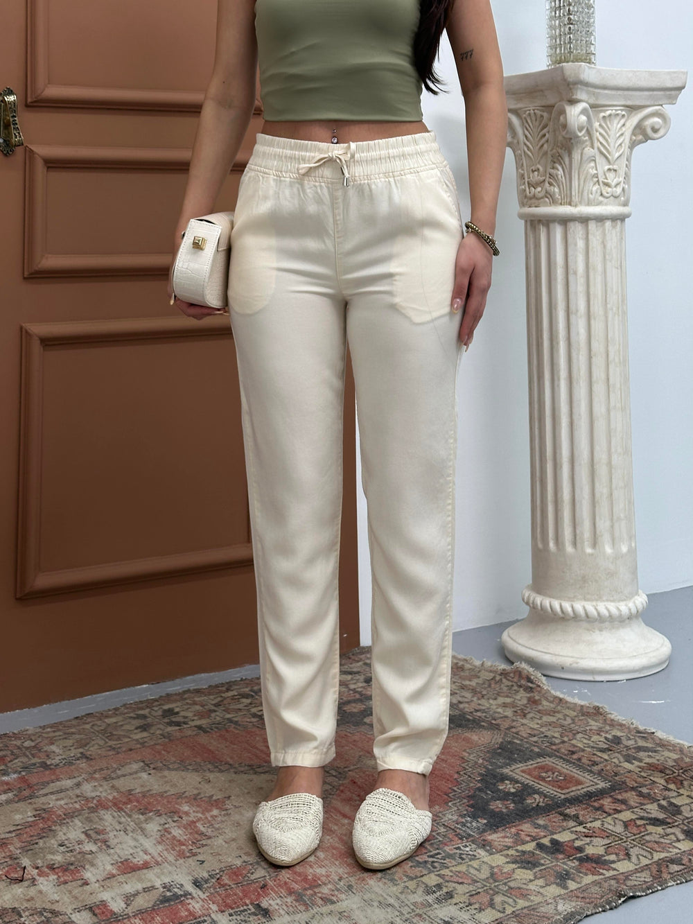 Bel Lastikli Jogger Krem Pantolon