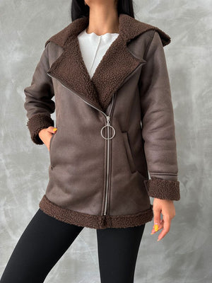 Deri Fermuarlı Yakası Kürklü Toptan Mont