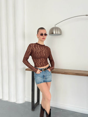 Kahverengi Uzun Kollu Transparan Toptan Bluz