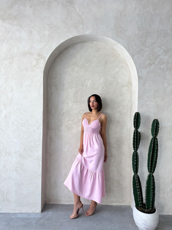 Keten Askılı V Yaka Boydan Elbise