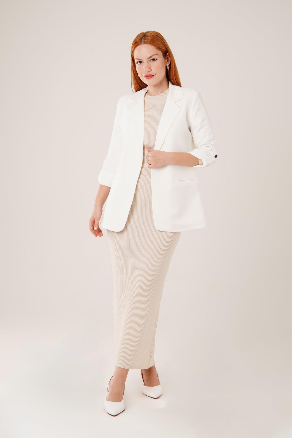 Kol Katlama Detaylı Toptan Ekru Blazer Ceket Ekru S