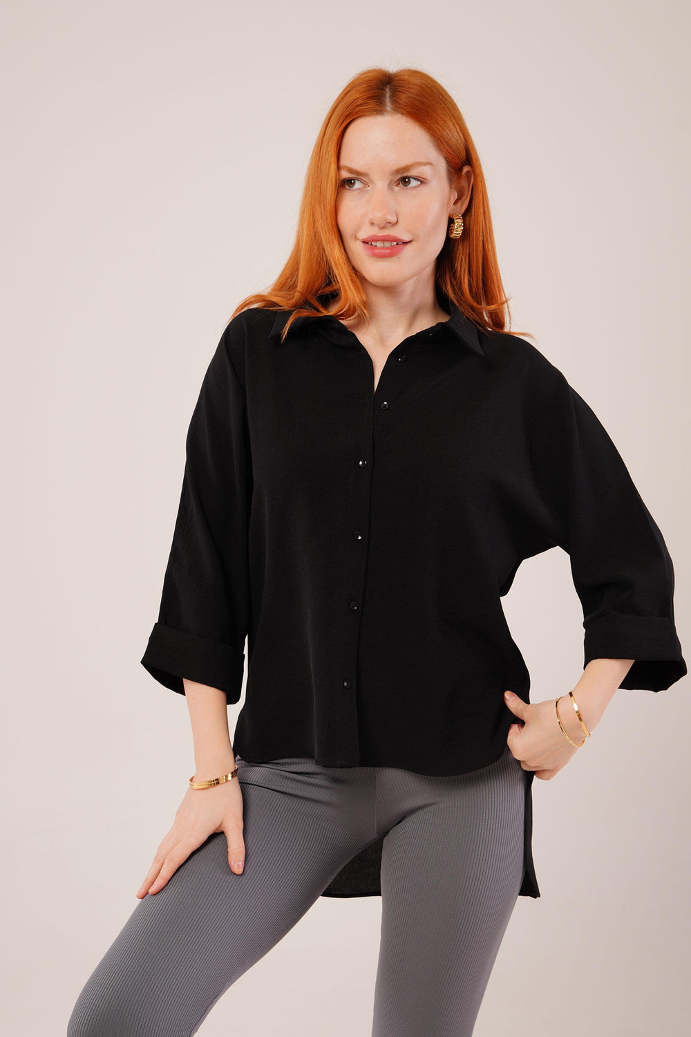 Kol Katlama Detaylı Toptan Siyah Gömlek Siyah S