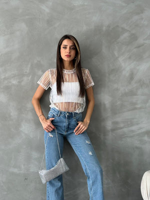 Topshow Krem Pullu Tül Toptan Tişört