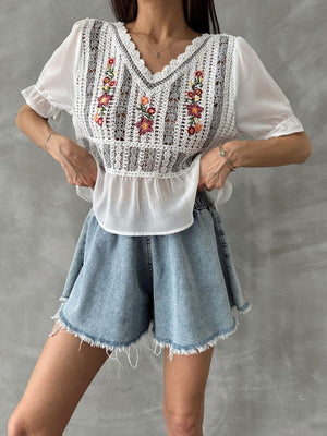 Topshow Krem Gri Nakışlı Toptan Bluz