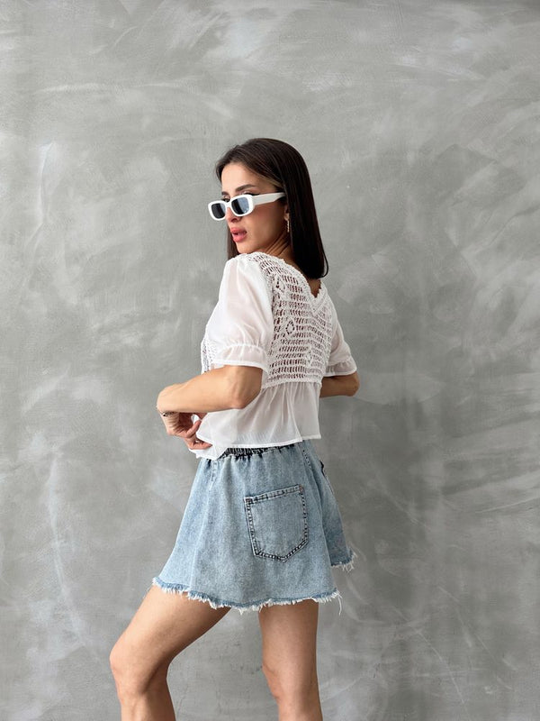 Topshow Krem Gri Nakışlı Toptan Bluz