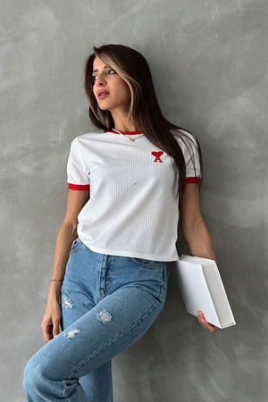 Topshow Krem Kırmızı Nakışlı Toptan Tişört
