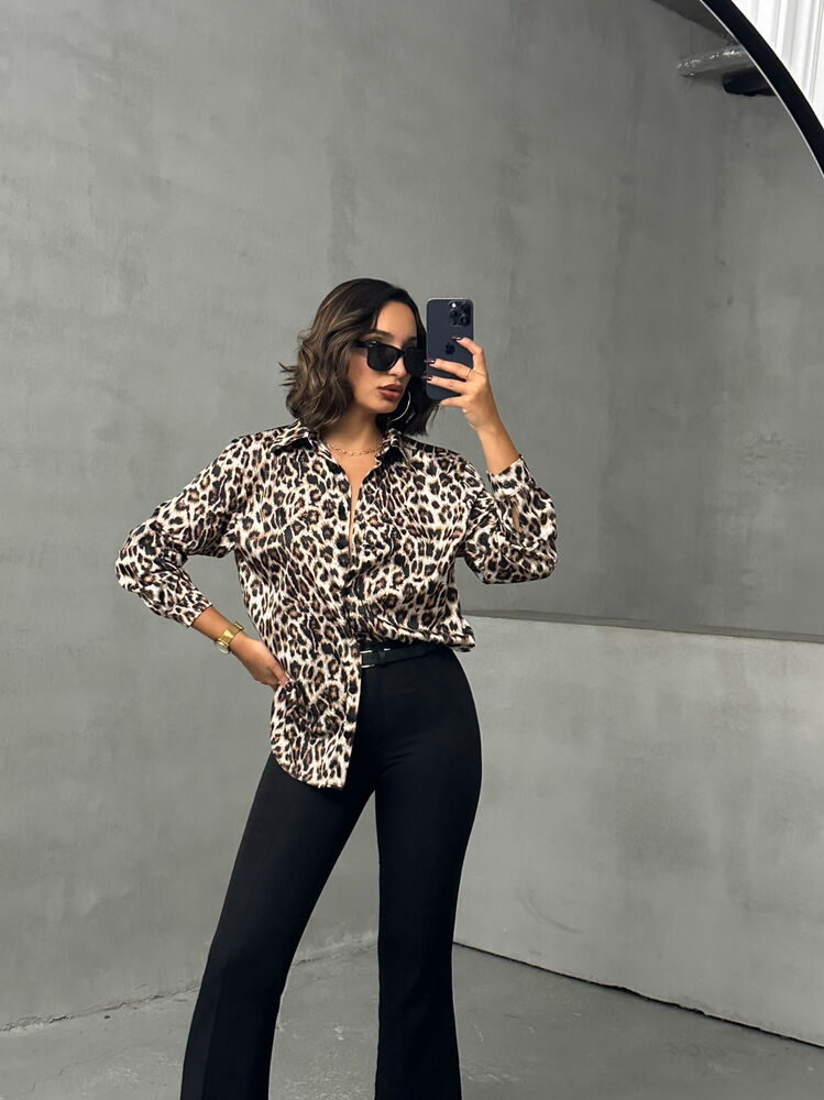 Topshow Leopar Leopar Desenli Toptan Gömlek | F1781