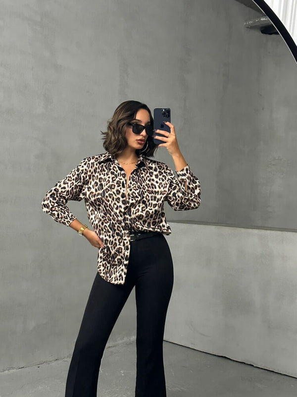 Topshow Leopar Leopar Desenli Toptan Gömlek | F1781