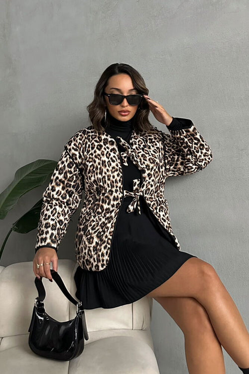 Kapitone Önden Bağlamalı Toptan Ceket - Leopar