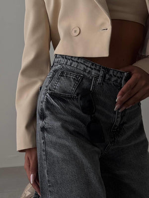 Yüksek Bel Bol Kesim Koyu Gri Wide Leg Jean Pantolon