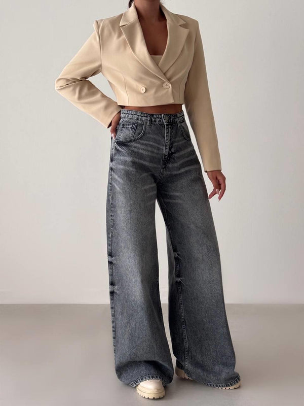 Yüksek Bel Bol Kesim Koyu Gri Wide Leg Jean Pantolon