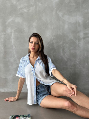 Topshow Mavi Çizgi Detaylı Düşük Kol Toptan Gömlek