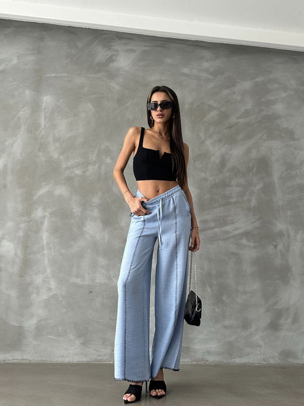 Pantaloni drepți din in brodat, en-gros - Albastru