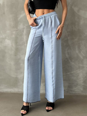 Pantaloni drepți din in brodat, en-gros - Albastru