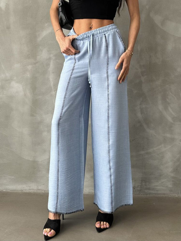 Pantaloni drepți din in brodat, en-gros - Albastru