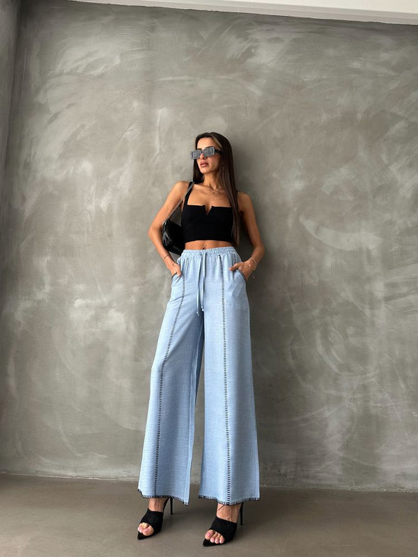 Pantaloni drepți din in brodat, en-gros - Albastru