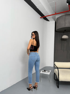 Yüksek Bel Paça Kesik Püskül Detaylı Light Blue Jean Pantolon