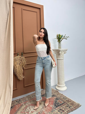 Yüksek Bel Paça Püskül Detaylı Light Blue Tint Jean Pantolon