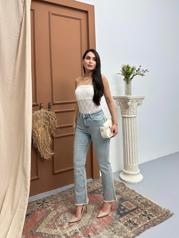 Yüksek Bel Paça Püskül Detaylı Light Blue Tint Jean Pantolon