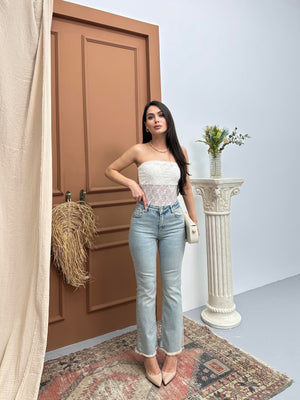 Yüksek Bel Paça Püskül Detaylı Light Blue Tint Jean Pantolon