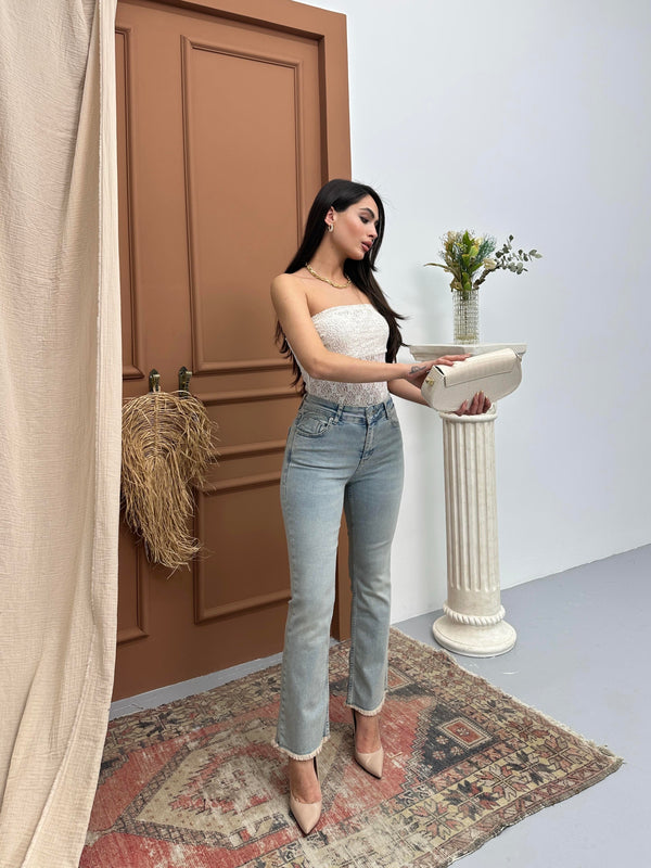 Yüksek Bel Paça Püskül Detaylı Light Blue Tint Jean Pantolon