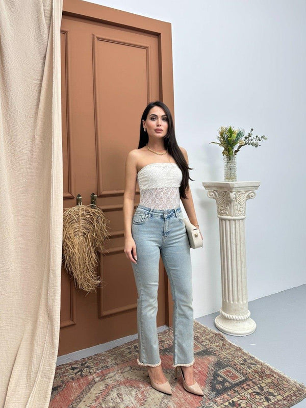 Yüksek Bel Paça Püskül Detaylı Ek Beden Light Blue Tint Jean Pantolon