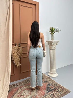 Yüksek Bel Paça Püskül Detaylı Ek Beden Light Blue Tint Jean Pantolon
