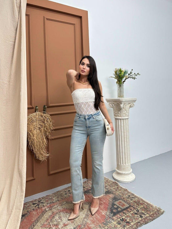 Yüksek Bel Paça Püskül Detaylı Ek Beden Light Blue Tint Jean Pantolon