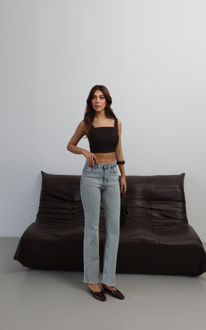 Yüksek Bel Paça Pis Dikiş Detaylı Light Blue Tint Mini Flare Jean Pantolon