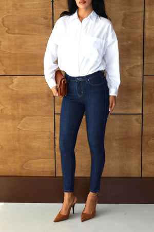 Yüksek Bel Dar Kalıp En Boy Likralı Dark Blue Jean Pantolon
