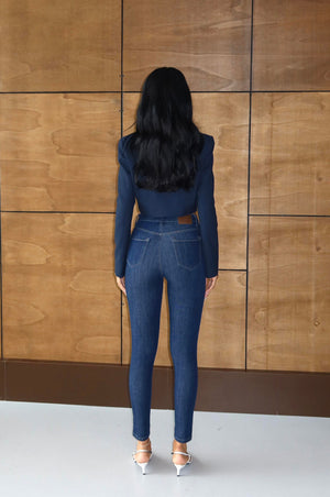 Yüksek Bel Dar Paça Dark Blue Trok Detaylı  Jean Pantolon