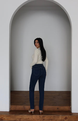 Yüksek Bel Klasik Kesim Dar Paça Dark Blue Jean Pantolon