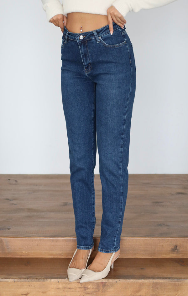 Yüksek Bel Klasik Kesim Dar Paça Dark Blue Jean Pantolon