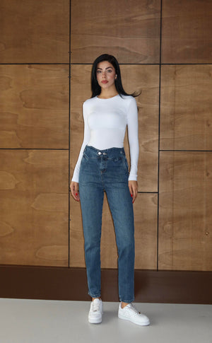 Düğme Detaylı Dark Blue Mom Jean Pantolon
