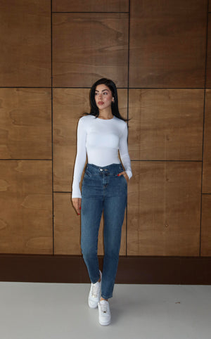 Düğme Detaylı Dark Blue Mom Jean Pantolon