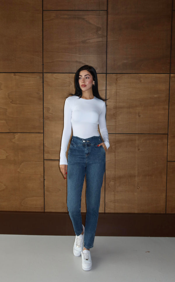 Düğme Detaylı Dark Blue Mom Jean Pantolon