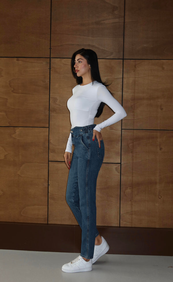 Düğme Detaylı Dark Blue Mom Jean Pantolon