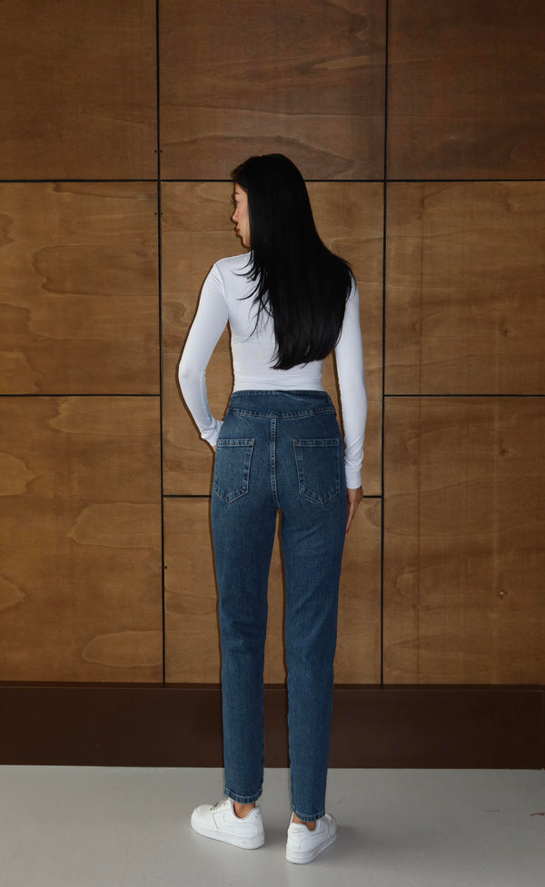 Düğme Detaylı Dark Blue Mom Jean Pantolon