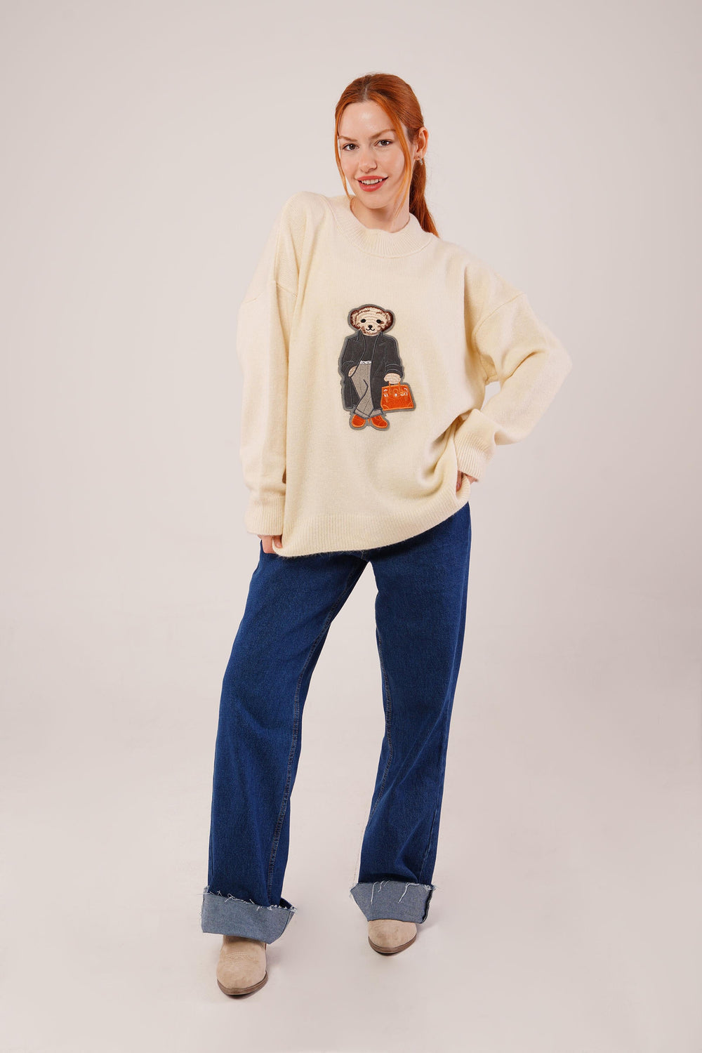 Nakış Detaylı Toptan Krem Triko Kazak Krem STD