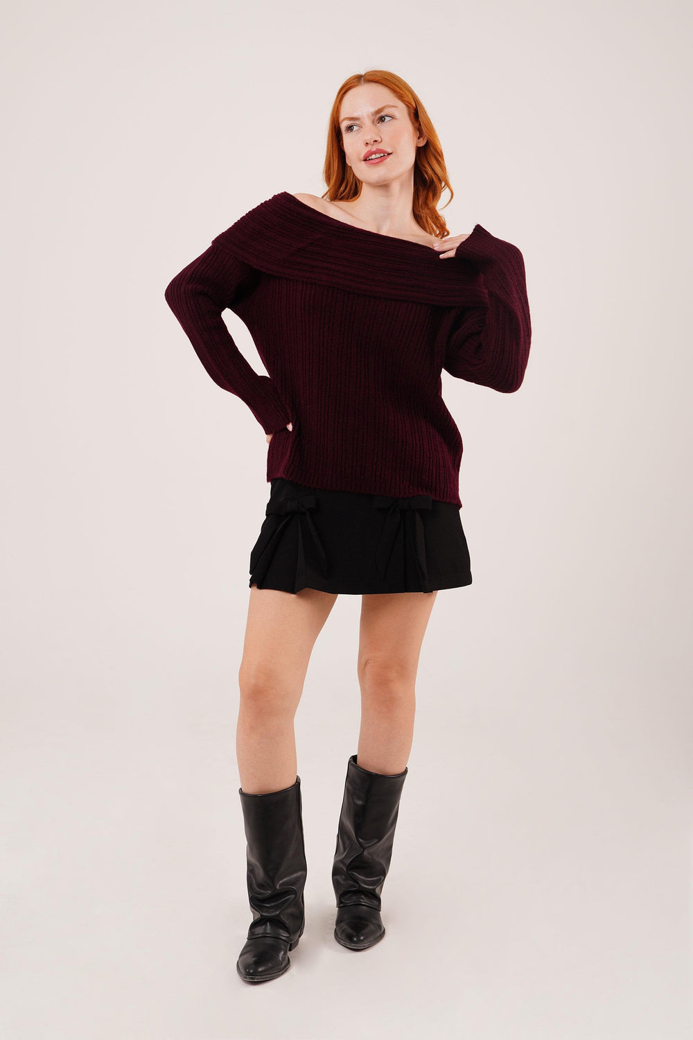 Omuz Dekolteli Madonna Yaka Bordo Toptan Triko Kazak Bordo STD